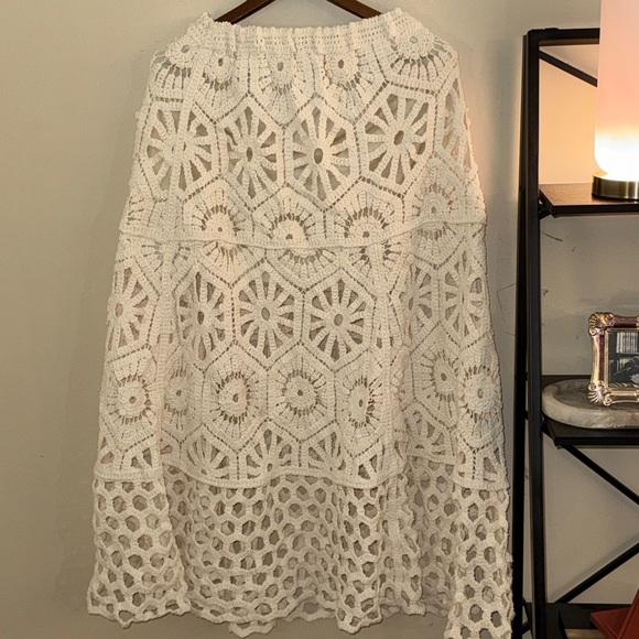 POL Crochet Lace Maxi Skirt Cream Boho Tiered Skirt One Size - Picture 2 of 5